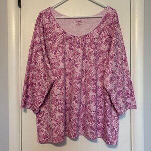 L.L. Bean Women's Plus Pink Floral Paisley Shirred Scoop-Neck Tee Shirt Top 2X
